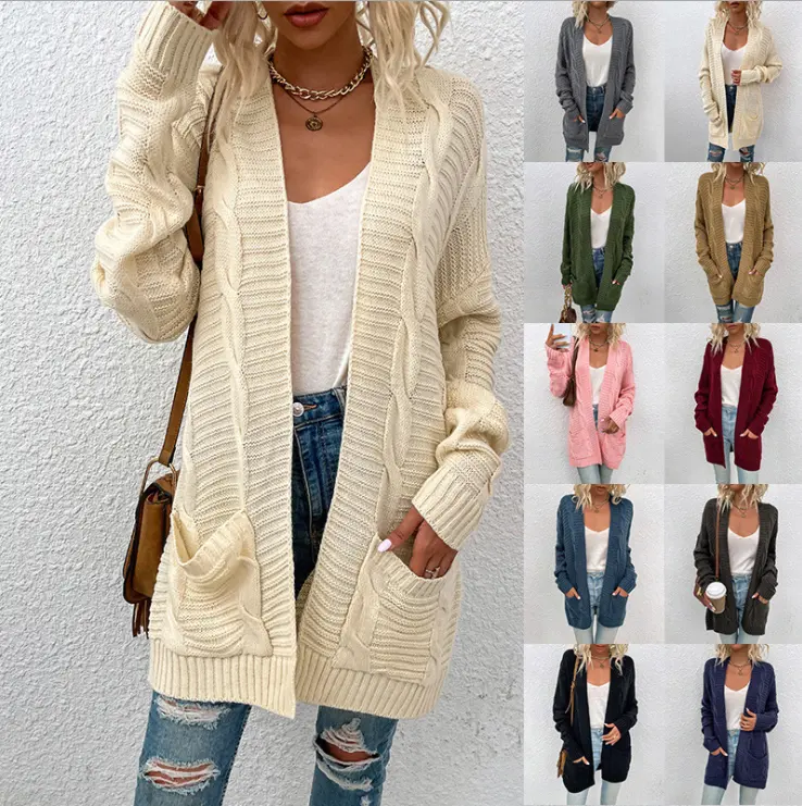Women's Long Sleeve Open Front Cardigan Cable Sweater Casual Loose Chunky Outwear Knit Coat Gray