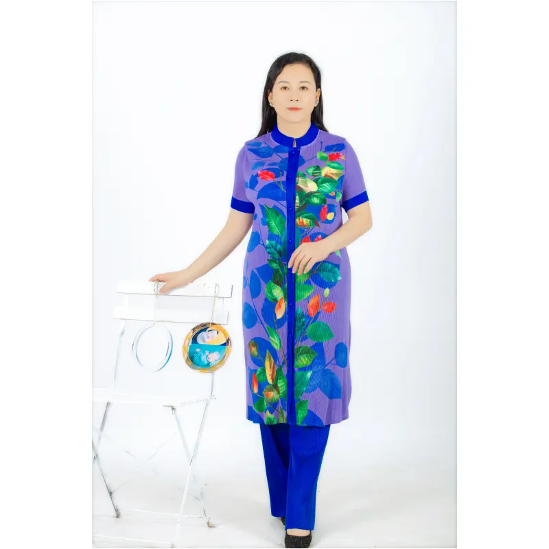 Tianbao factory direct sales summer new leaf printing short sleeve single breasted long jacket pure color low waist straight pan