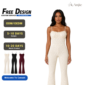Anjie OEM ODM Womens Ivory Lace Flare Leg <strong>Jumpsuit</strong> Custom Private Label Ruffle Shirred Bust Wide Leg Romper Wholesale - Product Image 1