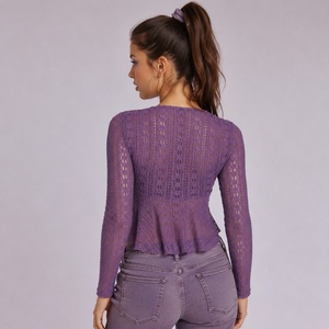 Women's 2026 Summer New V Neck Lace Trim Long Sleeve <b>Crop</b> <b>Top</b> Solid Color High Waist Flattering Casual Tee - Product Image 2