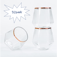 Lot de 32 verres à vin sans pied en plastique en forme de diamant avec bord doré, jetables, pour champagne et whisky, incassables et recyclables