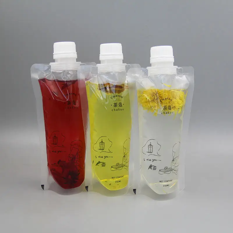 Kemasan plastik 250 ml 500ml transparan, tas kantong minuman jus air cair bening dengan cerat