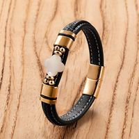 Bracelet en cuir avec trèfle à quatre feuilles en pierre naturelle, cordon tressé fait main, fermoir en acier inoxydable, bracelet floral