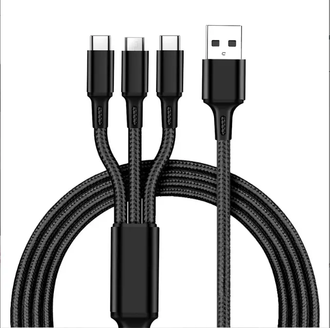 Kabel data Multi warna, kabel pengisian daya Cepat tiga dalam satu, tenun naga multi warna, Multi kepala 2A, untuk ponsel pintar