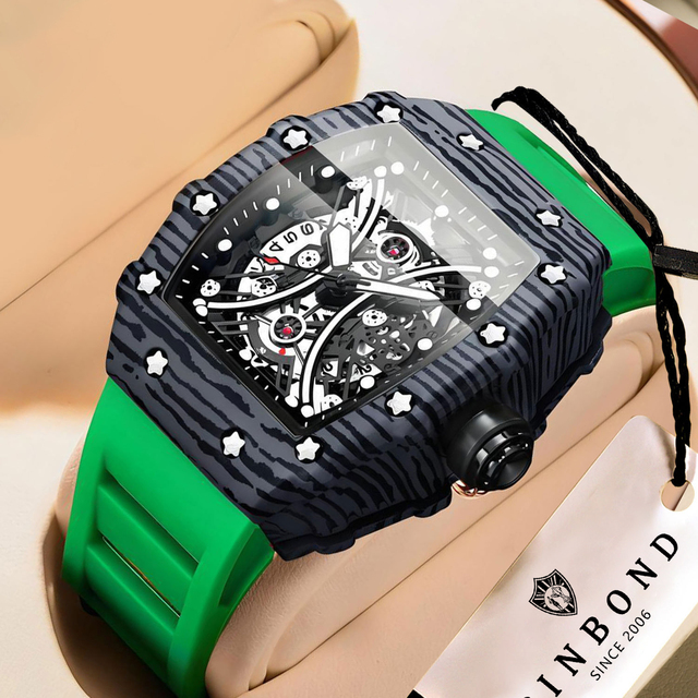 BINBOND Square Texture Case Luxury Watch Men's Quartz Silicone Business Watch with Luminous Dial 30M Water Resistance