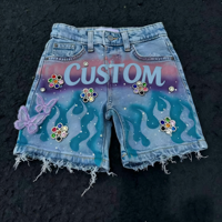 Shorts en jean décontractés pour hommes, taille haute, style hip-hop, écologiques, de haute qualité, avec décoration rétro en peinture pulvérisée et strass