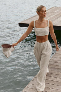 Nouvel ensemble décontracté <span class=keywords><strong>2</strong></span> pièces pour femme 2026 : haut court uni à col halter et pantalon large en lin/coton, blanc, pour l'été - Product Image 2
