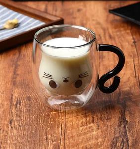 Mug en <span class=keywords><strong>verre</strong></span> borosilicate à double paroi avec poignée en forme <span class=keywords><strong>de</strong></span> <span class=keywords><strong>queue</strong></span> <span class=keywords><strong>de</strong></span> chat, résistant à la chaleur, isolé, pour café, thé, lait, pour la maison ou le bureau - Product Image 4