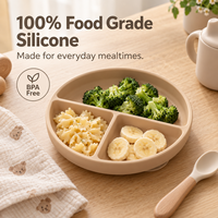 Assiette d'alimentation pour bébé en silicone réutilisable avec couvercle, base à forte ventouse, trois compartiments, vente en gros directe d'usine