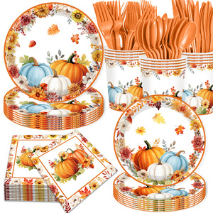 Fall Pumpkin Party Supplies Kit Paper <b>Disposable</b> <b>Plates</b> Cups Napkins Forks and Spoons Thanksgiving Dinner Tableware - Product Image 1