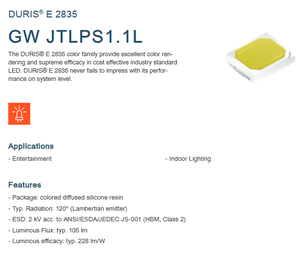 LED Osram GW JTLPS1.1L-MKMP-NC-1 DURIS E 2835 SMD de 0.47W, 106lm, 228lm/W, 120 grados, para panel de luz y tubo de luz. - Product Image 2