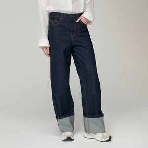 Trendy Wide Cuff Dark Indigo <strong>Jeans</strong> for Women High Waisted Loose Fit <strong>Turn</strong> <strong>Up</strong> Denim Pants Vintage Workwear Street Style Trousers - Product Image 1