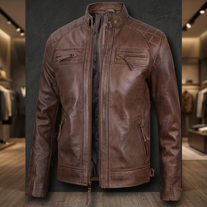 BS International Blouson Racer Unisexe Tendance en Cuir et Toile, Col Mandarin, Coupe Classique, Écologique, Confort Optimal, Fermeture Avant - Product Image 1