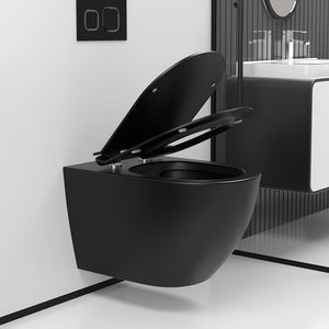 WC suspendu mural noir en céramique sans bride avec siphon en P, ensemble de toilettes deux pièces - Product Image 1
