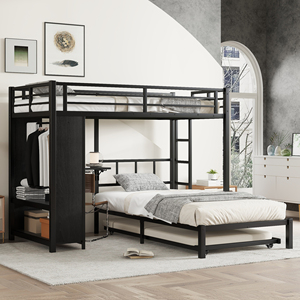 Cama Triple Metálica Industrial con Armario Integrado, Escritorio Plegable Ajustable y Escalera, Diseño que Ahorra Espacio para Dormitorio - Product Image 1