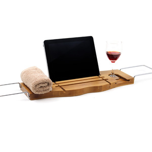 Bathroom Extendable Bamboo Extending Bathtub Caddy Adjustable Bath Tub Tray Rack with Towel Rack