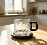 Tasse à café en verre borosilicate martelé avec poignée carrée, résistante à la chaleur, avec sous-verre en bois pour la maison et le café