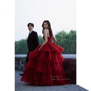Wedding Dress Ball Gown Dark Red Tulle Sweetheart Neckline Empire Waistline Floor Length Style - Product Image 2
