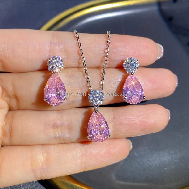 Dudu Butterfly 2021 Wedding Jewelry Sets Pink CZ Water Drop Gold Plated Jewelry Sets Women Jewelry Sets For Party Gift