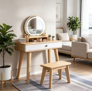 Scandinavian Solid Birch Makeup <b>Vanity</b> With <b>Lighted</b> Mirror And Stool For Bedroom - Product Image 5