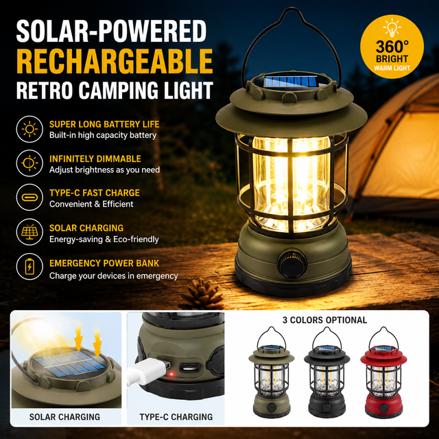 Retro Portable Solar ABS USB Hiking Climbing Fishing Lantern COB High Brightness Waterproof Rechargeable Camping Light LED