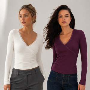 Women's V Neck Lace Trim <b>Crop</b> Long Sleeve Breathable Knitted Stretchy Fitted Casual Blouse <b>Top</b> - Product Image 1