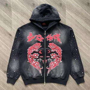 Double Zip Up Rhinestone Men S Faded Sweatshirt Pants Sweat Suit Custom Acid Wash Hoodie <strong>Set</strong> - Product Image 4