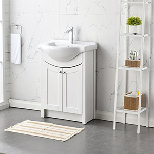 ตู้ห้องน้ำแบบตั้งพื้นสีขาวพร้อมอ่างเซรามิกในตัว ตู้เก็บของสองบาน - Product Image 1