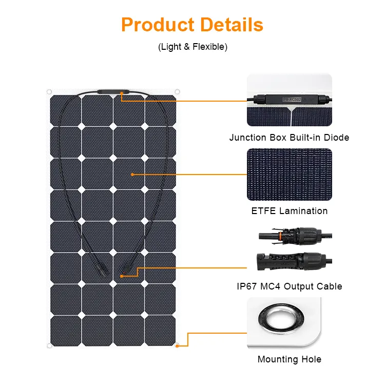 Painel solar flexível fotovoltaico para barco, filme fino, painel solar flexível 100w, folha solar mono sunpower, estoque dos EUA, DDP