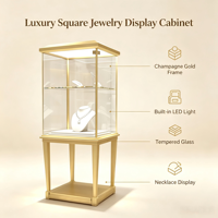 Vitrine à bijoux sur pied carrée haute personnalisée, cadre en or champagne brossé, double étagère en verre, éclairage LED intégré au dessus