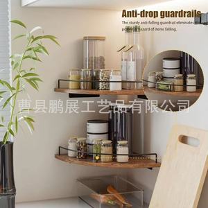Iron Wood <b>Wall</b> <b>Mounted</b> Corner <b>Shelf</b> 2 Tier Durable Storage Rack For Kitchen Bathroom Home Use - Product Image 1