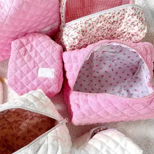 Custom Size Logo Pink Quilted Padded Terry Towel Zipper Beauty Cosmetic Makeup Make Up Toiletry Skincare Bag