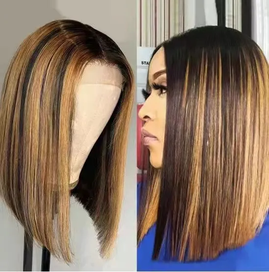 Highlight 1B Honey Brown Color Straight Bob Human Hair Lace Front Wigs,4/27 Color Peruca Piano Bob Wig,Weaves And Wigs Bob