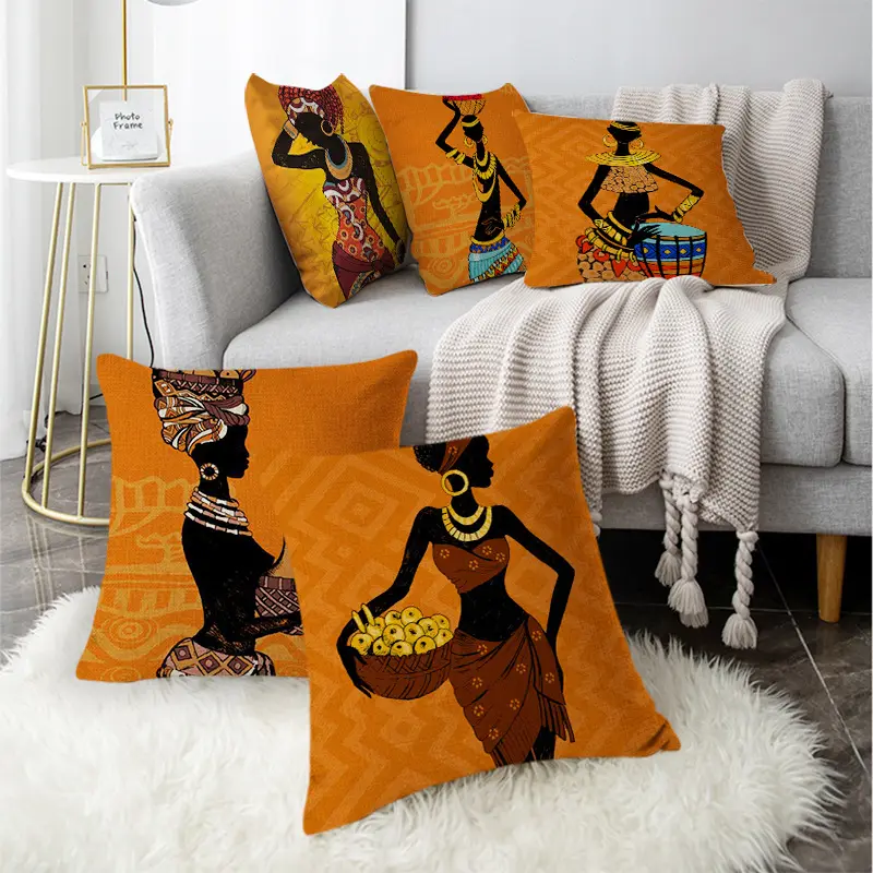 18*18 African Abstract Beauty Printed Decorative Cushion Cover Factory Linen Custom Pillow Case