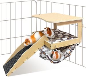 Cachette pour cochon d'Inde en bois naturel, lit amovible pour cochon d'Inde, <span class=keywords><strong>habitat</strong></span> pour petits animaux avec hamac suspendu, escalier et <span class=keywords><strong>coussin</strong></span> - Product Image 1