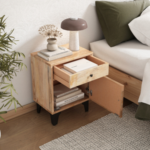 Comodino in legno massello con cassetto e anta per riporre oggetti in camera da letto - Product Image 2