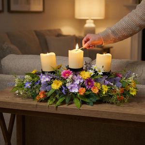 Centro de Mesa de 26 Pulgadas para Primavera/Verano con 3 Portavelas, Centro de Mesa Floral con Margaritas y Flores Silvestres para Mesa de Comedor - Product Image 1