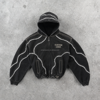 Sweat à capuche zippé noir délavé personnalisé pour homme avec détails de panneaux incurvés effilochés, style streetwear, fabrication OEM ODM