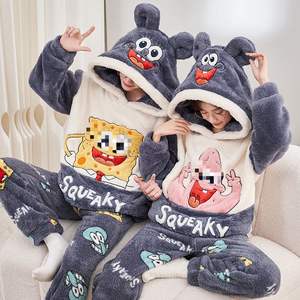 Traje de dibujos animados para hombre de pareja de otoño e invierno, traje de pijama de manga larga con capucha de felpa gruesa para mujer - Product Image 1