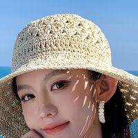 Topi Wanita Musim Panas Model Bucket Bahan Kertas dengan Sablon Sutra, Pinggiran Lebar Berongga, Pelindung Sinar Matahari untuk Pantai, Perjalanan, dan Aktivitas Luar Ruangan
