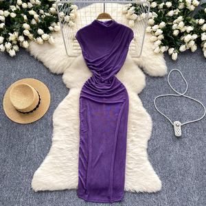 Vestido Midi elegante ajustado a la cadera para mujer túnica de encaje imperio en púrpura Borgoña negro Casual Maxi longitud tejida y lavable - Product Image 4