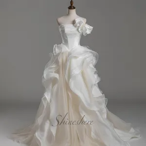 Beautiful Sexy Ivory Wedding Dresses 2022 Strapless Unique Ruffles Sweep Train Bride Dress Lace Up Back Satin Wedding Gowns