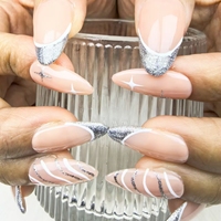 Uñas a presión en forma de almendra estilo francés dibujado a mano arte de uñas reutilizable de alta calidad