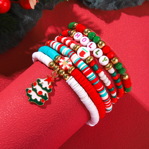 Polymer Clay <b>Beaded</b> <b>Bracelet</b> Set Christmas Jewelry Holiday Gift Unisex Charm <b>Bracelets</b> Red Green White Santa Claus Snowflake - Product Image 4