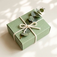 Boîte cadeau en papier recyclé, ficelle en coton et chanvre vert sauge, branche décorative en feuille d'eucalyptus, vente en gros, approvisionnement en vrac, usine