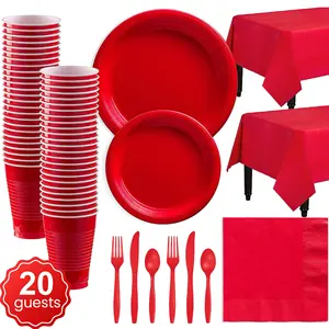 20 Gasten Rode Wegwerp Cups Plastic Platen Sets Met Wegwerp Servies Tafelkleed Papieren Handdoek Voor Verjaardagsfeestje