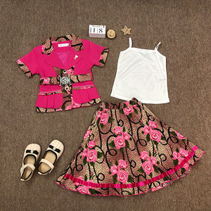 Elsali 2025 Design unique fleur imprimé léopard vêtements pour enfants manches courtes 3 pièces queue manteau filles jupe ensembles avec <span class=keywords><strong>ceinture</strong></span> - Product Image 2