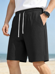 <b>Black</b> Textured <b>Men</b> <b>Shorts</b> Casual Drawstring Lounge <b>Short</b> Pants for Beach Travel - Product Image 1