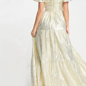 Mode Gaun Warna Sampanye Gaun Lengan Pendek Poliester Kerah Persegi Gaun Maxi Ruched Bodice Eksklusif Wanita - Product Image 5