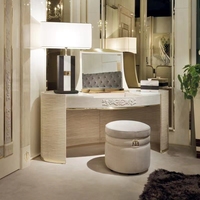 Coiffeuse de luxe moderne pour chambre et salle de bain avec structure en acier inoxydable, placage en bois naturel et miroir sur pied avec rangement